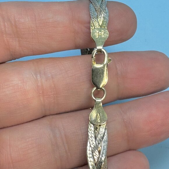 VTG Sterling Silver 925 Tri-Color Braided Herringbone Bracelet Size 8'' Length - Picture 5 of 10